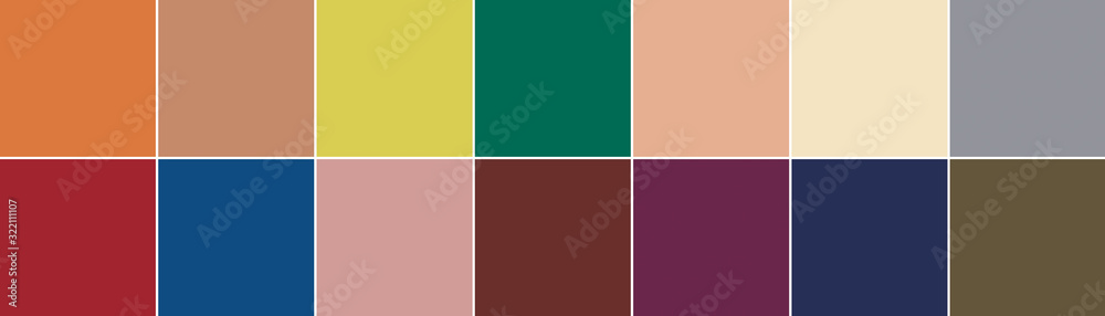 14 color swatches from New York seasonal Color Trend Report for Autumn / WInter 2020-2021 in banner format. Fashionable colors concept