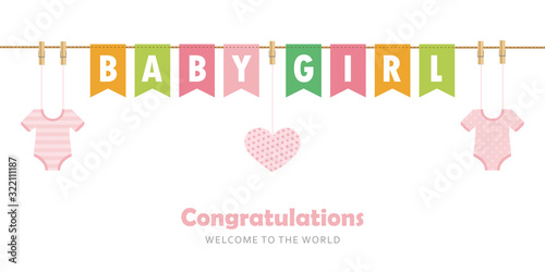 baby girl party flag welcome greeting card for childbirth vector illustration EPS10