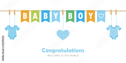 baby boy party flag welcome greeting card for childbirth vector illustration EPS10