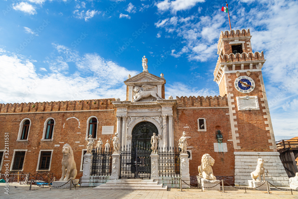Entrance of the  Venetian Arsenal, a complex of former shipyards and armories clustered together in the city of Venice in northern Italy.