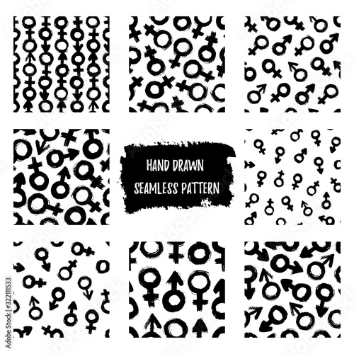 Set of Signs of gender seamless patterns of brushstrokes. Vector monochrome grunge texture from the symbols of Venus and Mars. Scandinavian background for print on textiles, paper, Wallpaper, t-shirt