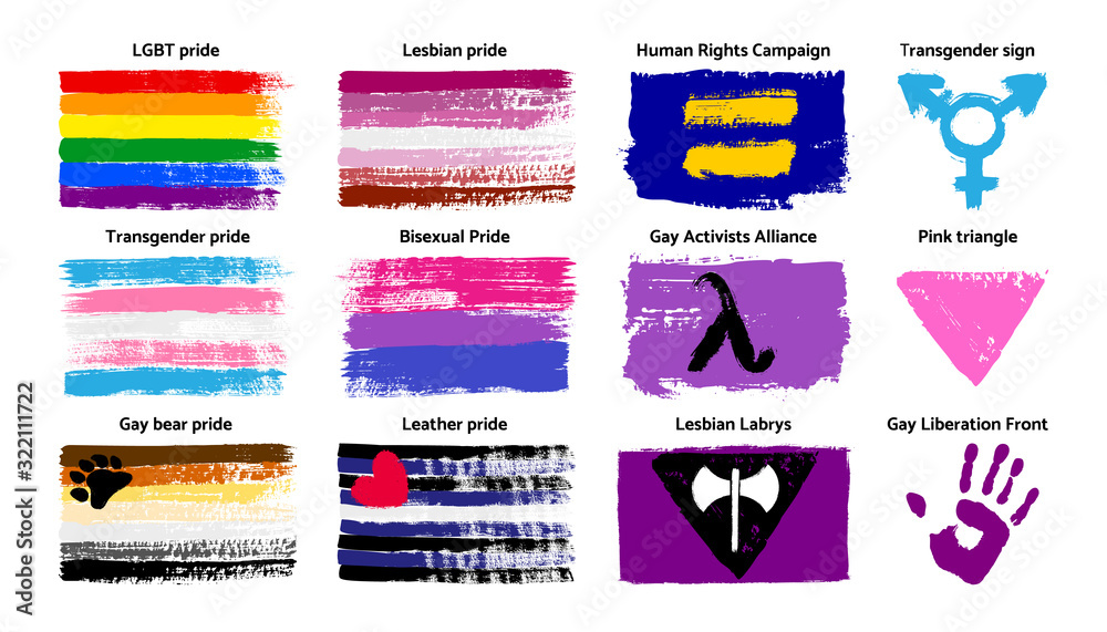 Grunge LGBT Pride Flag and Symbols Collection Lesbian, Gay, Bisexual,  Transgender, Gay Bear, Leather,Human Rights Campaign, Gay Activists  Alliance, Lesbian Labrys, Transgender sign . Vector Stock Vector