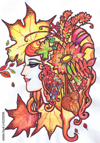 Female image in autumn decoration. Children 's drawing, mixed technique