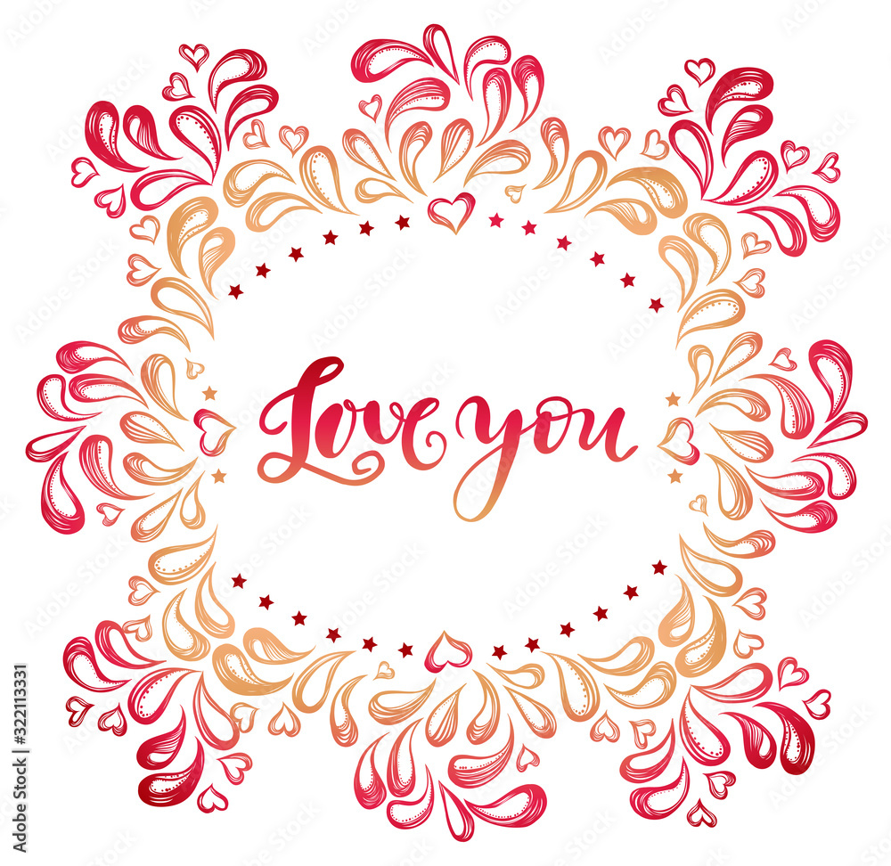 Vector illustration.Valentines Day. Abstract elements as a cucumber.Love you lettering. Handmade, background  white, pink yellow color, prints on T-shirts, tattoos