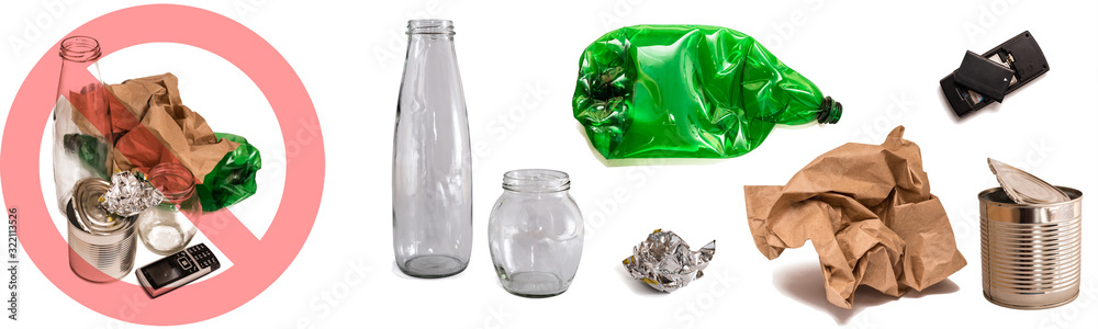 Sorting and separating of garbage types: glass, plastic, paper, metal,  phone battery isolated on white. Banner. Recycling concept, waste  management, ecology and saving the environment. Stock Photo