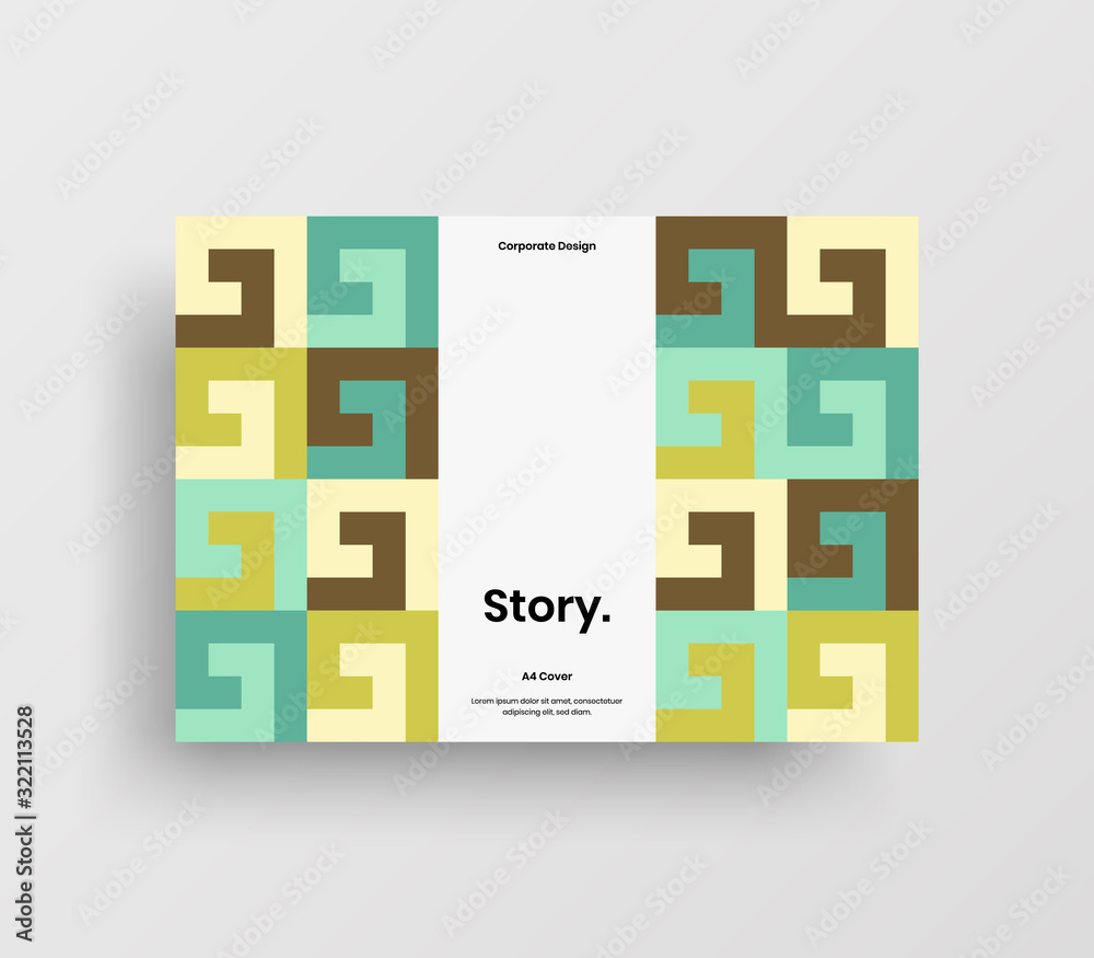 Creative business presentation vector A4 horizontal orientation front page mock up. Modern corporate report cover abstract geometric illustration design layout. Company identity brochure template.