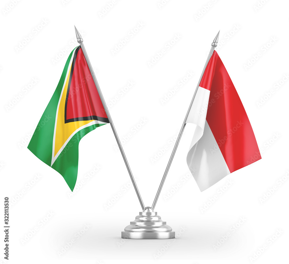 Indonesia and Guyana table flags isolated on white 3D rendering