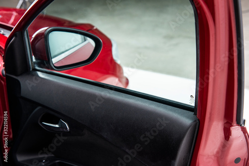  Close up of mirror of modern car. Auto transport or automobile industry concepts 
