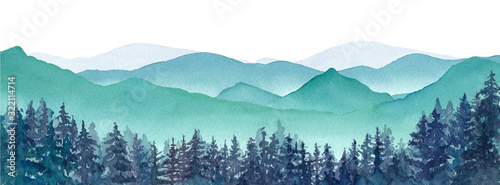 霧の山々と針葉樹林の風景パノラマ 水彩イラストのトレースベクター、レイアウト変更不可