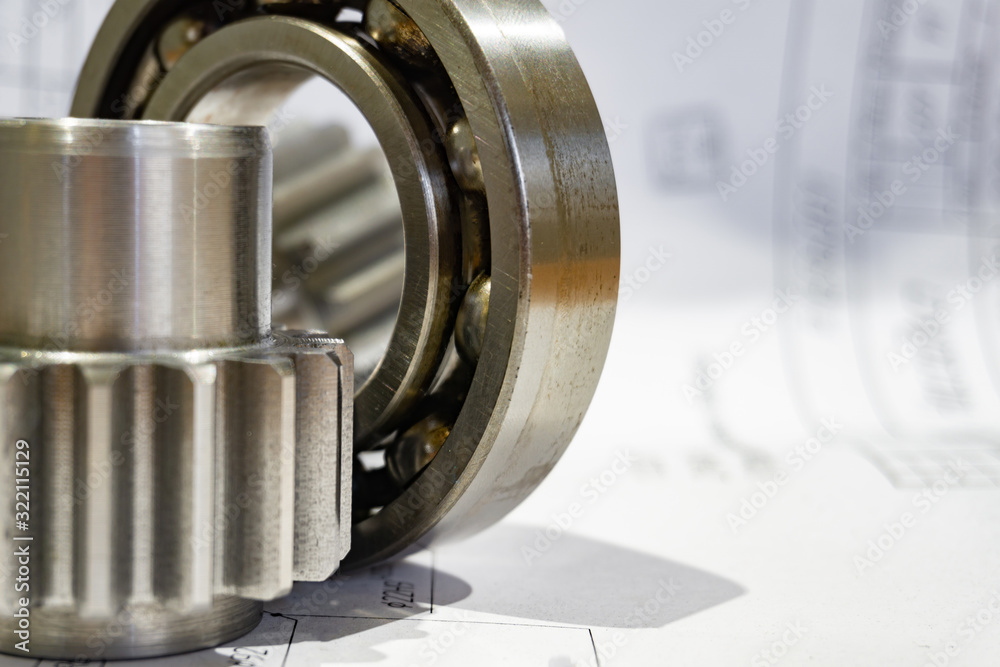 Gear, bearing and technical documentation in industrial production. Gear, bearing and technical documentation in industrial production.