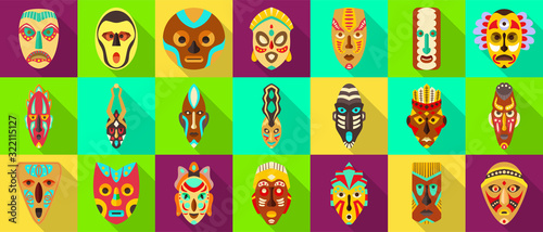 African mask flat set icon.tribal African mask flat vector illustration on white background .Vector illustration set icon face voodoo.