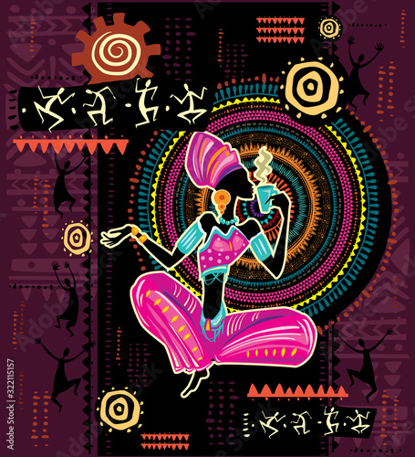 African woman in ethnic dress on Ethnic geometric background