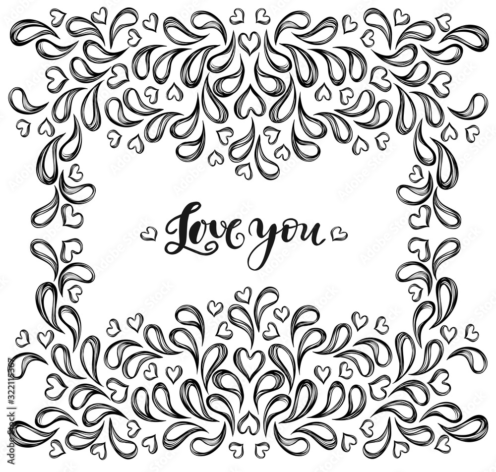 Vector illustration.Valentines Day. Abstract elements as a cucumber. Lettering love you, background white. Handmade, prints on T-shirts