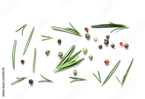 Flat lay composition with rosemary on white background, space for text