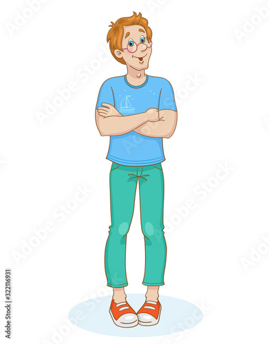 A young man is standing with arms crossed. Isolated on white background. In cartoon style. Vector illustration