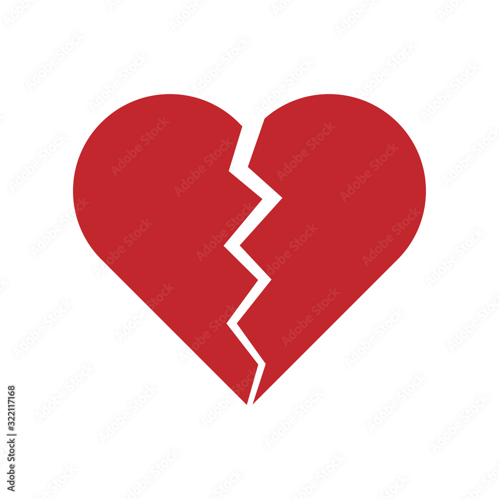 Broken heart icon. Red silhouette. Vector drawing. Isolated object on a white background. Isolate. Broken heart icon. Red silhouette. Vector drawing. Isolated object on a white background. Isolate.