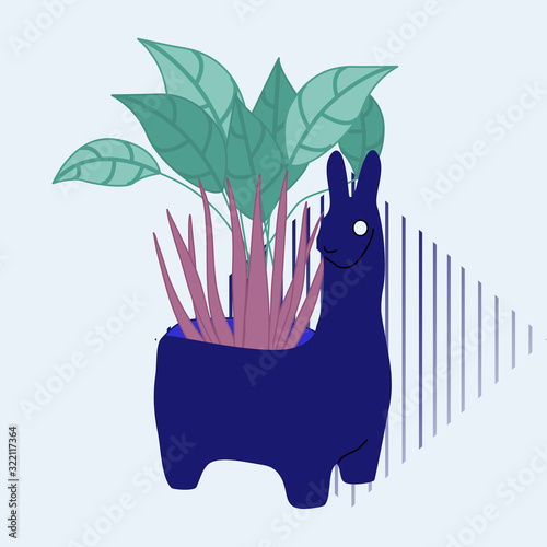 vector illustration with blue animal pot and indoot flowers