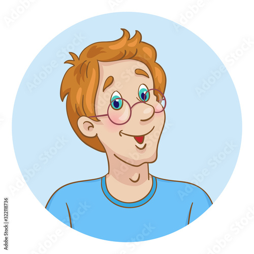 Portrait of a young man in glasses - avatar icon in the circle. Isolated on white background. In cartoon style. Vector illustration