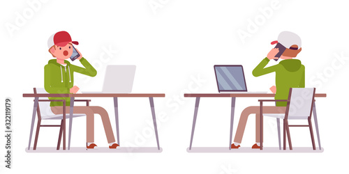 Young man wearing hoodie sitting, working with laptop at the desk. Cute guy in a casual hoody at home computer, youth city fashion hooded sweatshirt. Vector flat style cartoon illustration