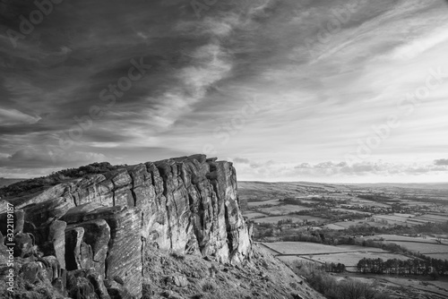 Epic Peak District black and white Winter landscape of view from top of Hen Cloud over countryside and towards Tittesworth Reservoir © veneratio