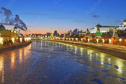 Evening shooting in Moscow near the Cathedral of Christ the Saviour and the Kremlin. Russia, Moscow, January 2020.