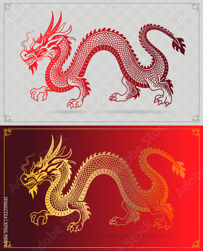 Chinese traditional dragon on red Background. Asian dragon silhouette vector