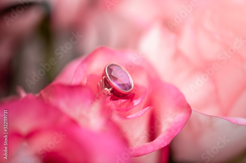 Blur Holiday concept Valentine's Day. Pink background with roses and engagement ring