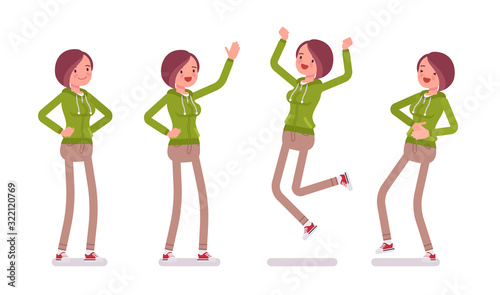 Young woman wearing a hoodie in positive emotions. Cute happy lady in a casual hoody feeling super good, youth city fashion hooded sweatshirt. Vector flat style cartoon illustration