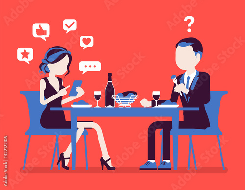 Gadget addiction, woman dependent on smartphone. Couple date in restaurant, lady taking photo of food, glued to phone screen, social media, losing touch. Vector illustration, faceless characters