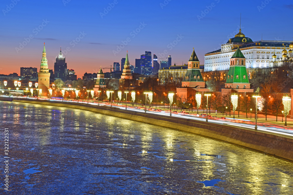 Evening shooting in Moscow near the Cathedral of Christ the Saviour and the Kremlin. Russia, Moscow, January 2020.