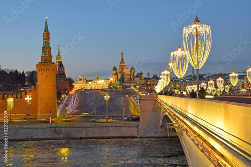 Evening shooting in Moscow near the Cathedral of Christ the Saviour and the Kremlin. Russia, Moscow, January 2020.
