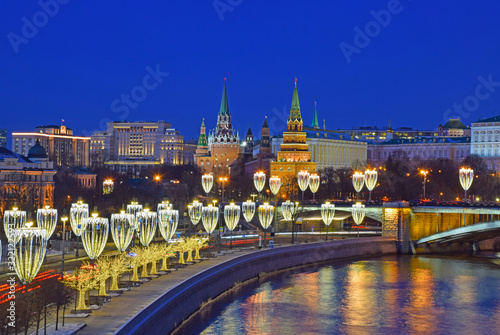 Evening shooting in Moscow near the Cathedral of Christ the Saviour and the Kremlin. Russia, Moscow, January 2020.