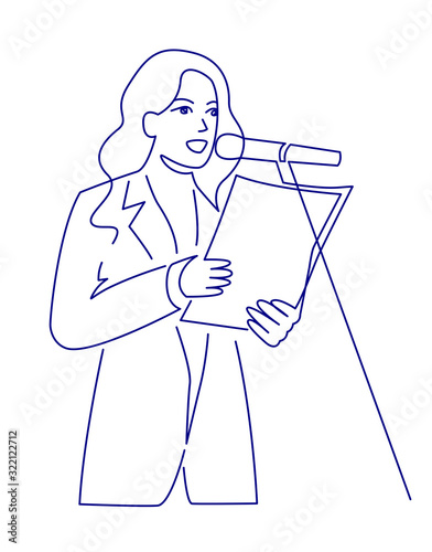 Continuous line drawing of business coach talking before audience vector illustration