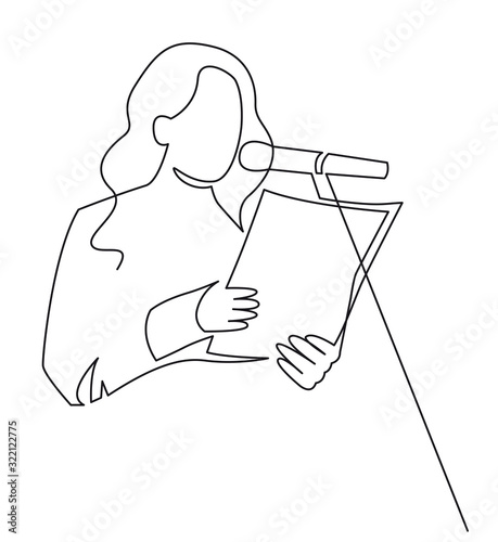 A woman is reading a document in front of a microphone continuous one line drawing. Scientist report. Political speech