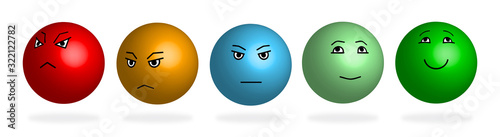 3D  Color Faces Feedback/Mood. Set of five faces scale - sad  neutral smile - isolated vector illustration. 3d design of faces with shadow.  Rank or level of satisfaction rating. EPS10.