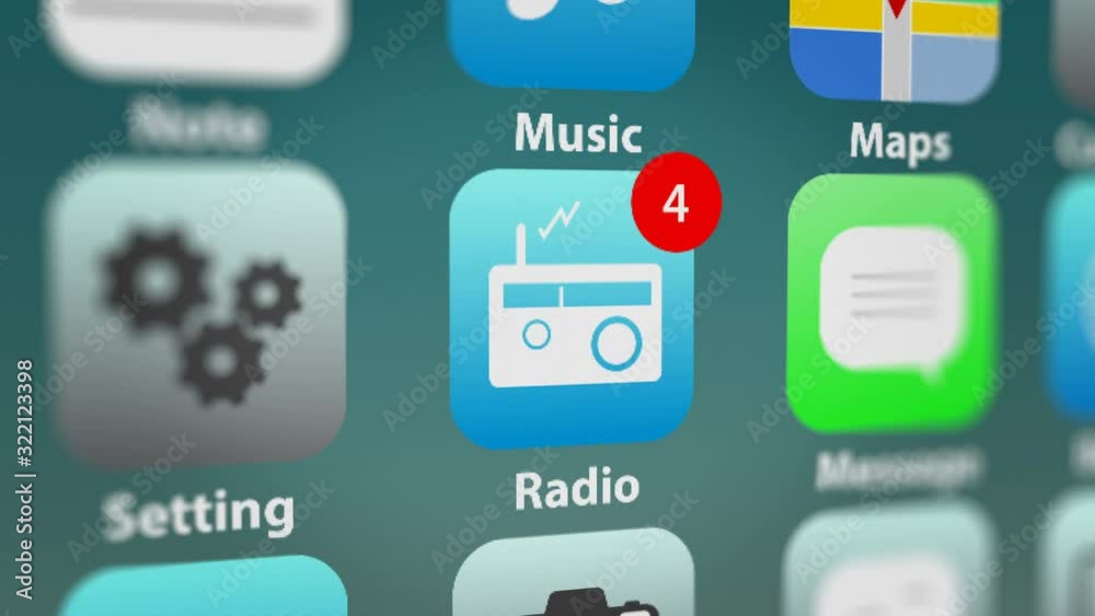 Radio App Icon with Notifications on Smart Phone Screen. All data on the Footage are Fictional, Created Especially for This Concept Radio App Icon with Notifications on Smart Phone Screen. All data on the Footage are Fictional, Created Especially for This Concept
