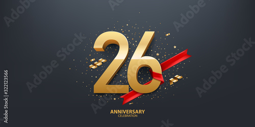 26th Year anniversary celebration background. 3D Golden number wrapped with red ribbon and confetti on black background.