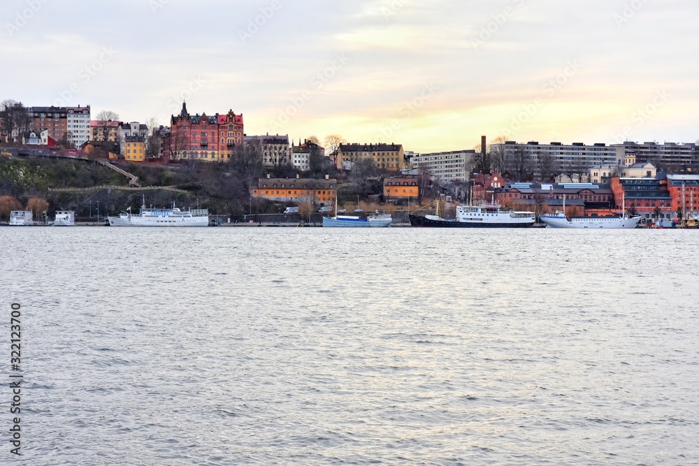 Stockholm, Sweden- January 2020. View from the water to the old city of Stockholm. Beautiful cityscape of the old city.  The capital of Sweden. landmarks of Stockholm city. Scandinavia. North Europe 