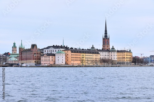 Stockholm, Sweden- January 2020. View from the water to the old city of Stockholm. Beautiful cityscape of the old city. The capital of Sweden. landmarks of Stockholm city. Scandinavia. North Europe 