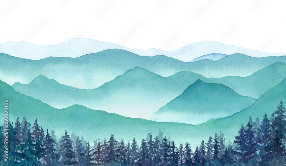 霧の山々と針葉樹林の風景 水彩イラストのトレースベクター レオアウト変更不可 Stock ベクター Adobe Stock