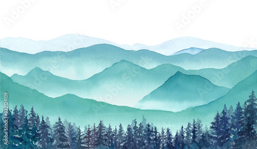 霧の山々と針葉樹林の風景、水彩イラストのトレースベクター、レオアウト変更不可