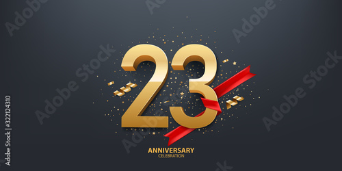 23rd Year anniversary celebration background. 3D Golden number wrapped with red ribbon and confetti on black background. photo