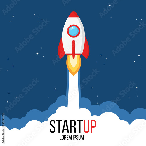 Business startup concept for web page, banner, presentation, social media. Rocket launch and smoke. Startup project concept. Vector illustration for any design.