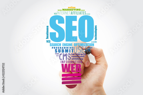 SEO (Search Engine Optimization) light bulb word cloud, business technology concept background