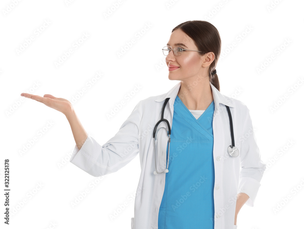 Portrait of doctor with stethoscope on white background