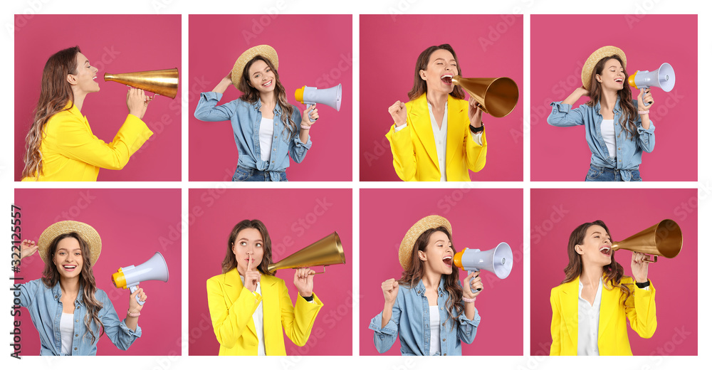 Collage of young girl with megaphones on pink background