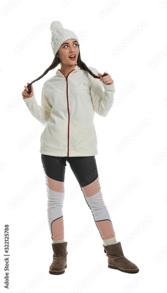 Woman wearing stylish winter sport clothes on white background Woman wearing stylish winter sport clothes on white background