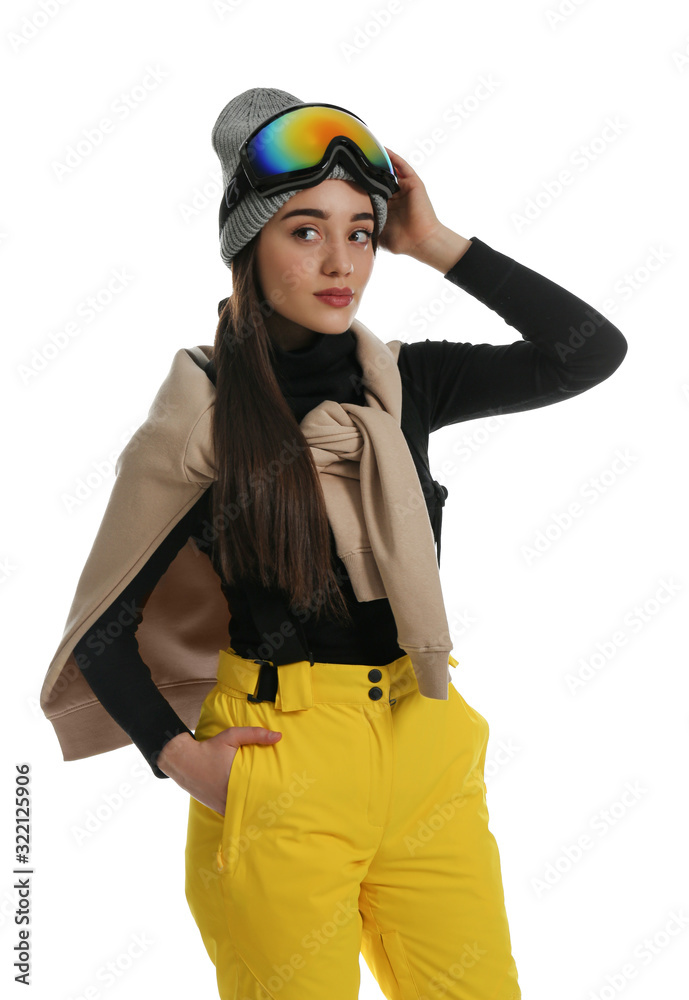 Woman wearing stylish winter sport clothes on white background Woman wearing stylish winter sport clothes on white background