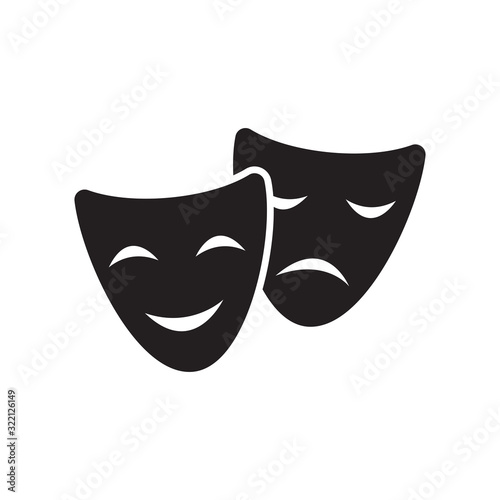 Theatre or opera drama masks black isolated vector icon. Sad and happy, comedy and tragedy theater mask symbol.