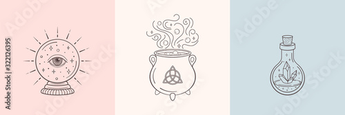 Witch and magic symbols with crystal ball, magic crystal bottle, cauldron. Monochrome vector illustration, isolated on white background